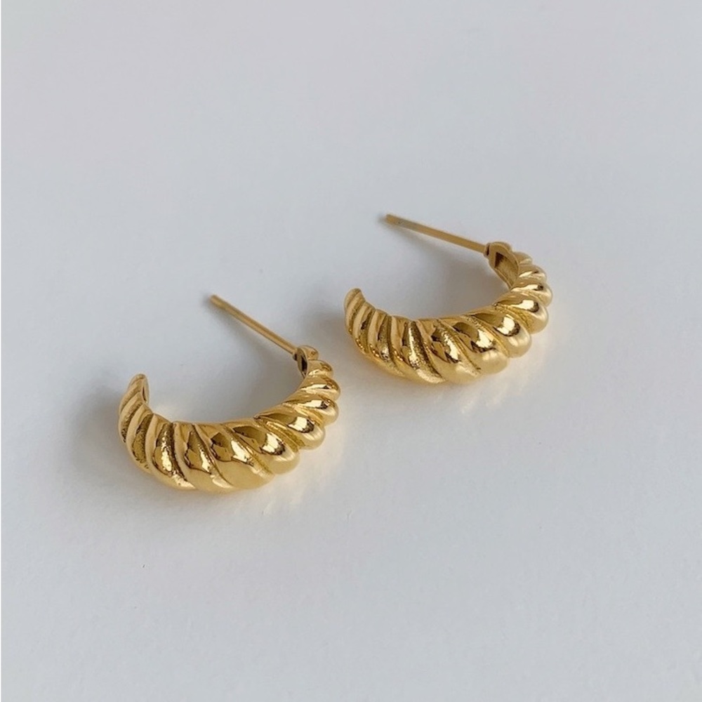 Gold twisted earrings, gold croissant earrings, mini hoop earrings,